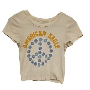American Eagle Graphic T Shirt Cream Peace Sign Top Womens Small